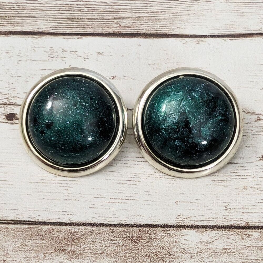 Vintage Clip On Earrings Large Retro Domed Glittery Dark Green Circle 1 & 1/8"
